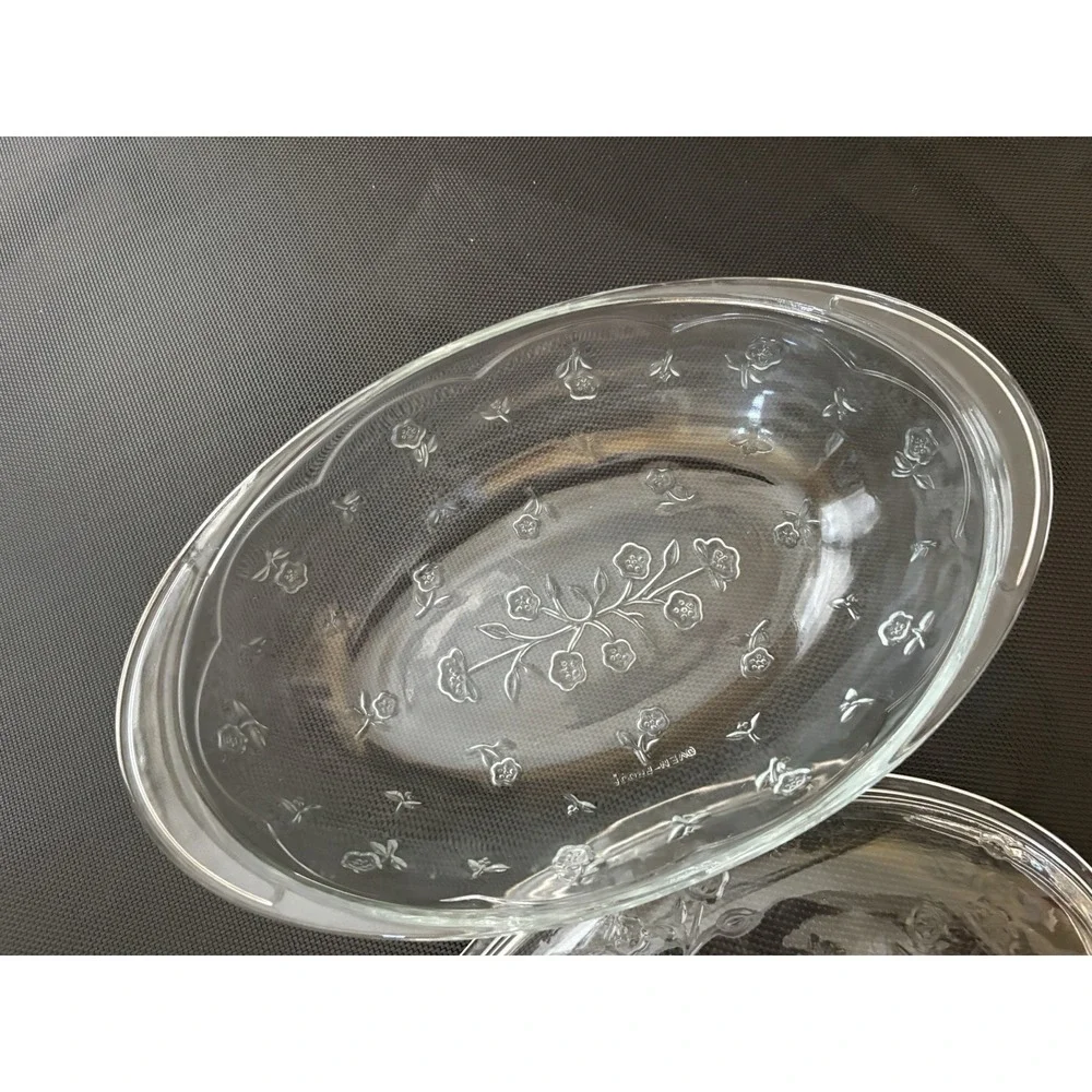 Vintage AnchorHocking SAVANNAH Floral Glass Oval 2 Qt Casserole Dish w/Lid 13x8